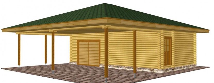 Проект гаража из бревна с хозблоком и комнатой